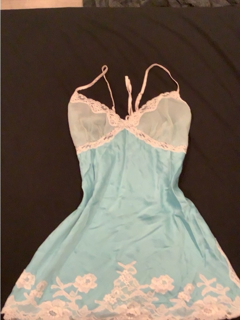 Victoria's Secret Sky Blue Satin Chemise with White Lace Trim